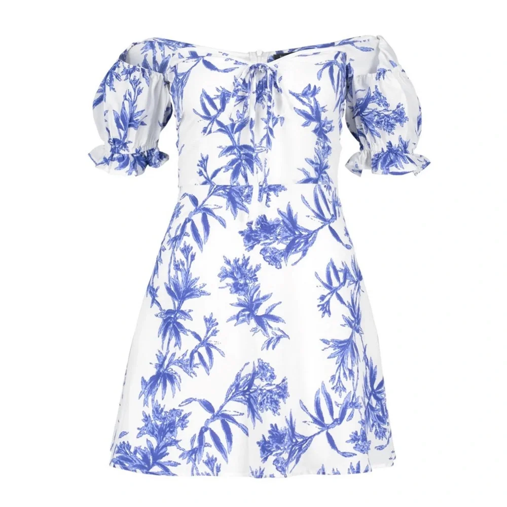 NWT Boohoo Petite Bardot White & Blue Tropical Floral Skater Mini Dress - Picture 6 of 11